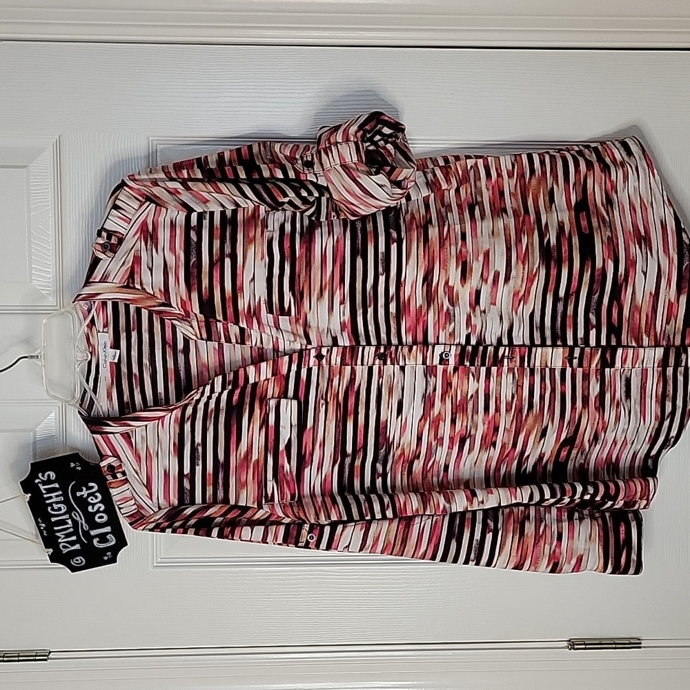 Calvin Klein Blouse Large Pink Purple Black White Tan Stripe Military